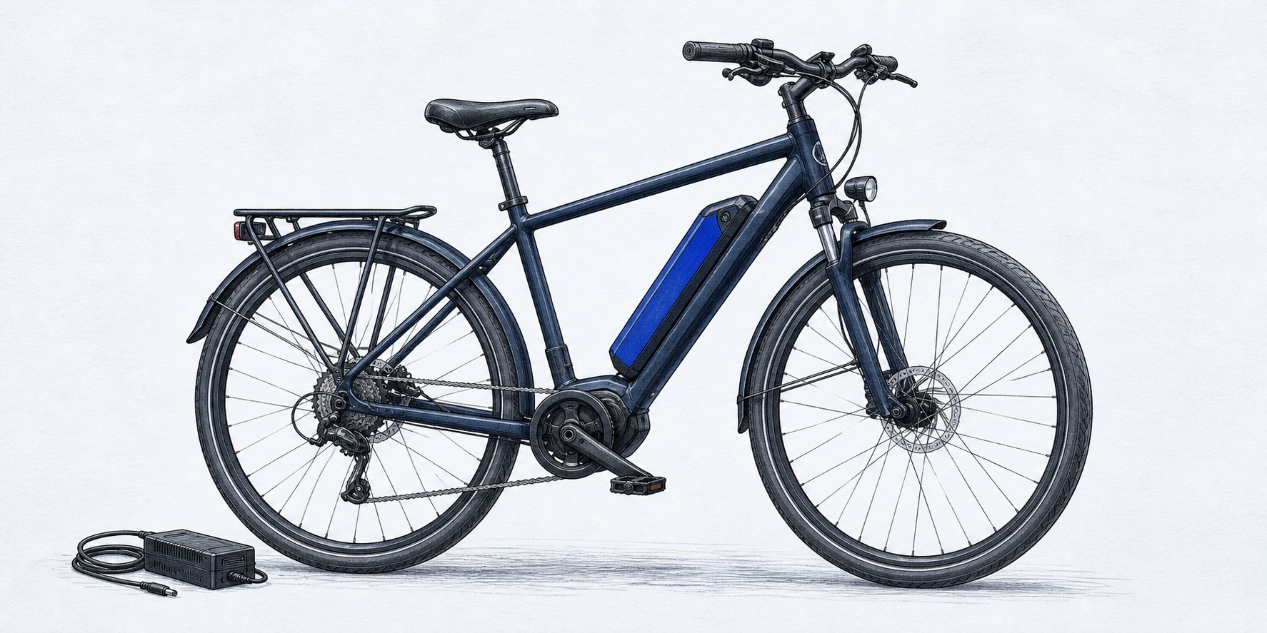 Editorial concept illustration of a commuter e-bike with a frame-mounted blue battery and a separate, disconnected charger.